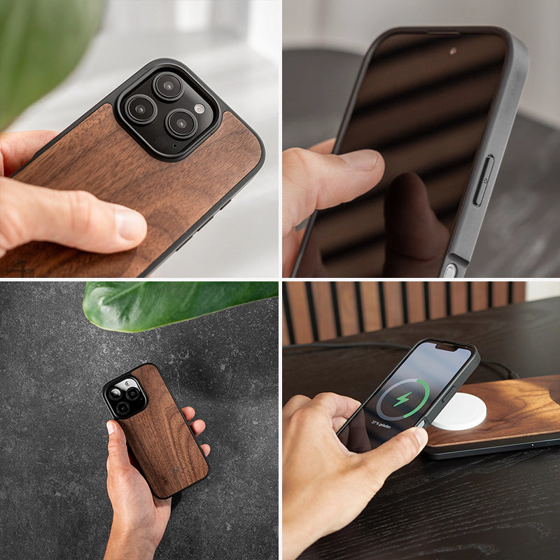 Collage en quatre parties de l'iPhone 16 dans une coque de protection en bois de noyer, avec des gros plans de l'appareil photo et du cadre latéral, une vue d'ensemble sur une pierre sombre et une recharge MagSafe sur une station de recharge en bois.