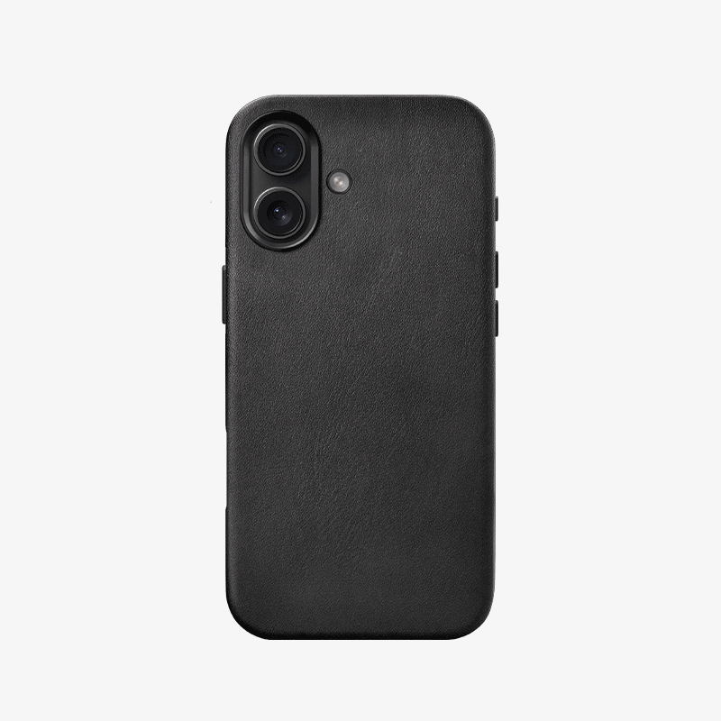 iPhone 17 in schwarzem Leder Case mit MagSafe auf der Rückseite eines schwarzen iPhone 17 mit wechselnden MagSafe-Zubehör auf weißem Untergrund.