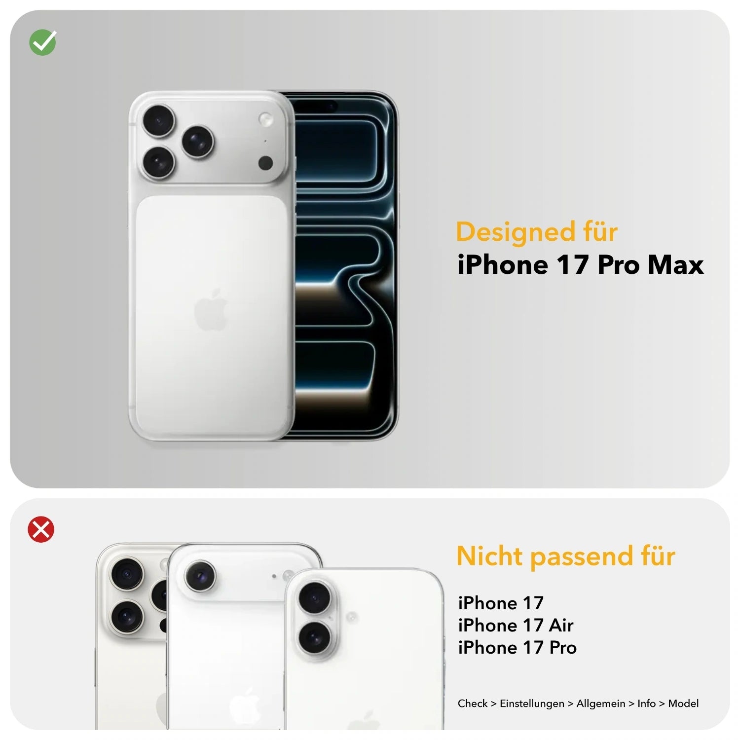 Compatibility infographic: This case is compatible with the iPhone 17 Pro Max (green checkmark). It is not compatible with the iPhone 17, iPhone 17 Air, or iPhone 17 Pro (red X). To check your model, go to: Check > Settings > General > About > Model.