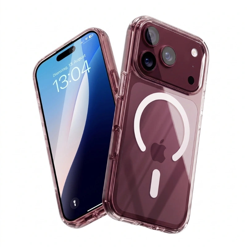Vorder- und Rückseite des transparenten Clear Cases mit weißem MagSafe-Ring an einem iPhone 18 Pro Max in Dark Cherry vor weißem Hintergrund.