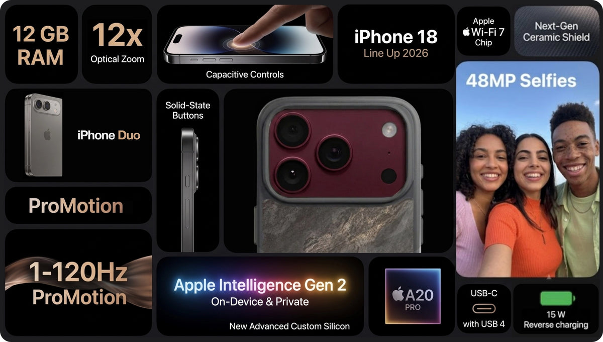 All the new features of the iPhone 18 Pro and iPhone 18 Pro Max are shown in a collage made up of several image fragments. Among other things, the collage highlights the 12GB of RAM, camera quality, Siri AI, and the new A20 chip.