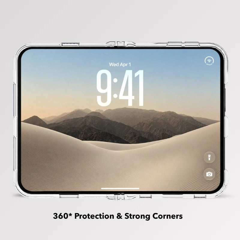 Photo de l'iPhone Duo ouvert sur le site Woodcessories Clear Case, qui met en avant la protection intégrale à 360 degrés et les coins renforcés et résistants aux chocs de la coque de protection.