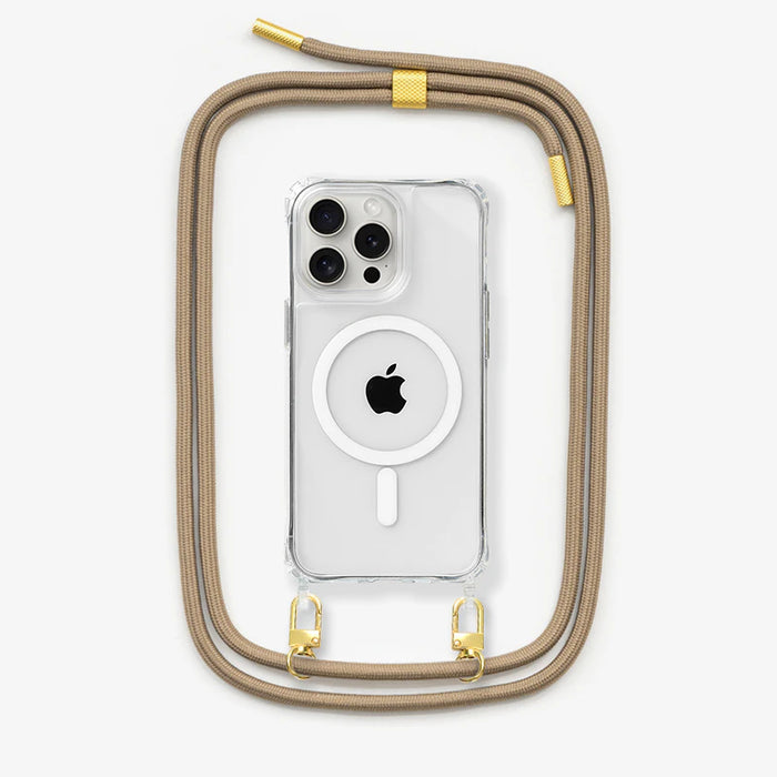Woodcessories - Clear Case Handykette abnehmbar - iPhone 16 Pro - MagSafe - Taupe/Gold