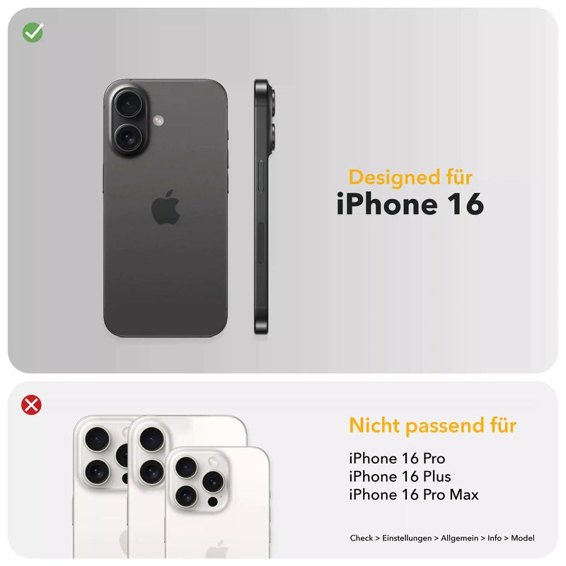 Compatibility infographic: This case fits the iPhone 16 (green checkmark). It does not fit the iPhone 16 Pro, iPhone 16 Plus, or iPhone 16 Pro Max (red X). To check your model, go to: Check > Settings > General > About > Model.