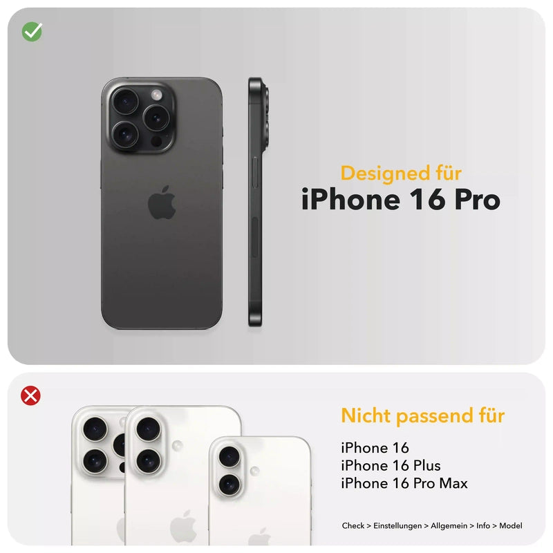 Infografik zur Kompatibilität: Das Case ist passend für das iPhone 16 Pro (grüner Haken). Es ist nicht passend für das iPhone 16, iPhone 16 Plus und iPhone 16 Pro Max (rotes Kreuz). Unten steht zur Modellprüfung: Check > Einstellungen > Allgemein > Info > 