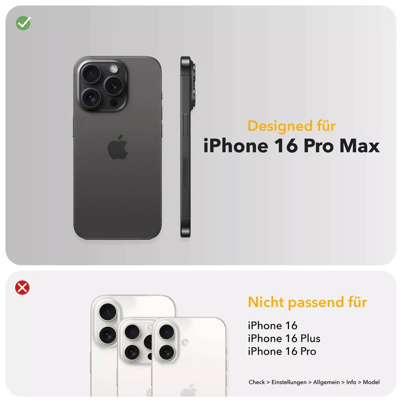 Infografik zur Kompatibilität: Das Case ist passend für das iPhone 16 Pro Max (grüner Haken). Es ist nicht passend für das iPhone 16, iPhone 16 Plus und iPhone 16 Pro (rotes Kreuz). Unten steht zur Modellprüfung: Check > Einstellungen > Allgemein > Info > Model.