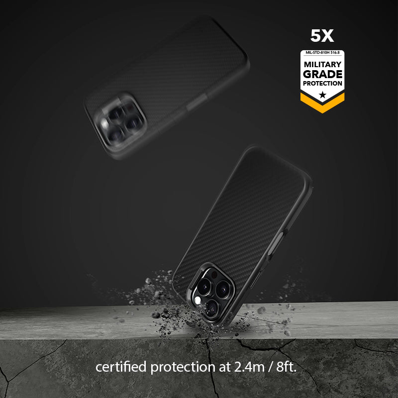 iPhone 17 Air Carbon case undergoing a drop test onto concrete. In the upper right corner is the "5x Military Grade Protection" seal; below it is the text "certified protection at 2.4 m / 8 ft.".