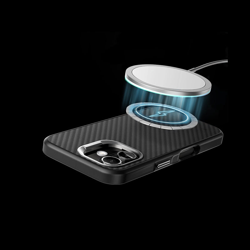 A smartphone in a black carbon case lies flat against a black background. A silver MagSafe charger hovers above it, with bright blue rays visualizing the magnetic connection.