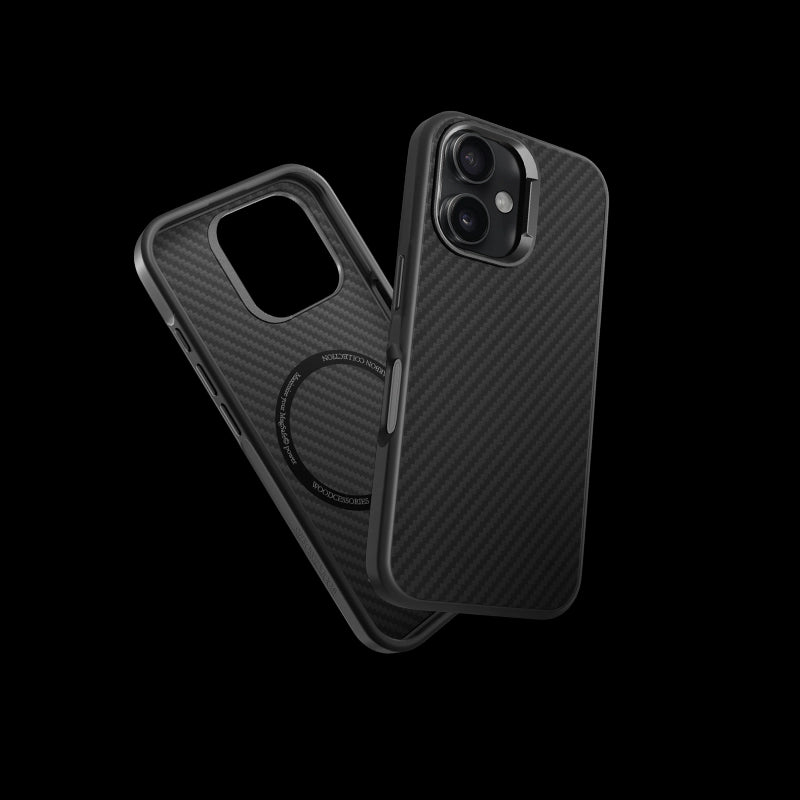 Two black iPhone 17 Air Carbon cases float against a black background. On the left is the interior with the MagSafe ring; on the right is the carbon back with the smartphone inserted.