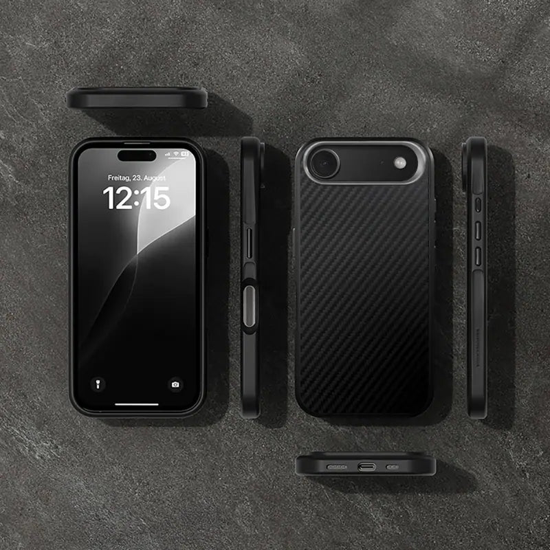 A 360-degree view of an iPhone 17 Air in a black carbon case on a dark stone surface. The arrangement shows the smartphone from all six sides: the front with the display on, the back with its carbon texture and horizontal camera cutout, as well as both side edges, the top, and the bottom.