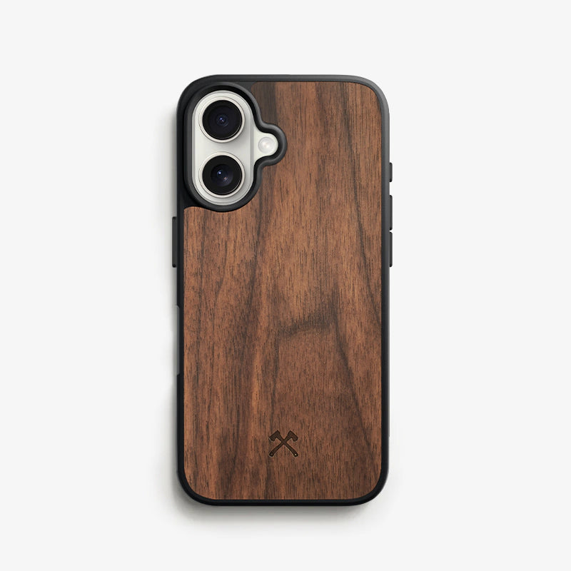 The " Bumper Case " walnut finish on the back of a white iPhone 17 against a white background.