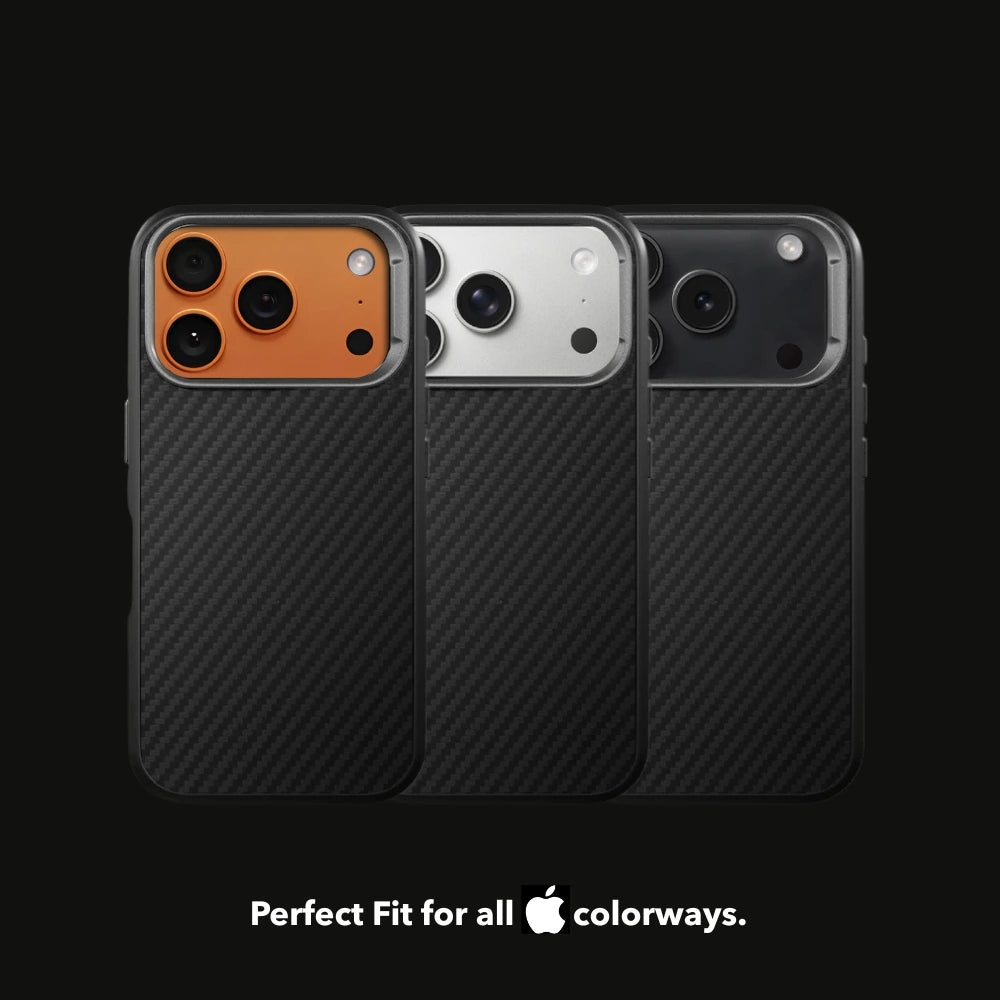 Three iPhone 17 Pro models in black carbon cases are arranged slightly offset from one another against a dark background. The camera cutout shows three different iPhone colors (orange, white, black). At the bottom is the text: "Perfect Fit for all [Apple Logo] colorways."