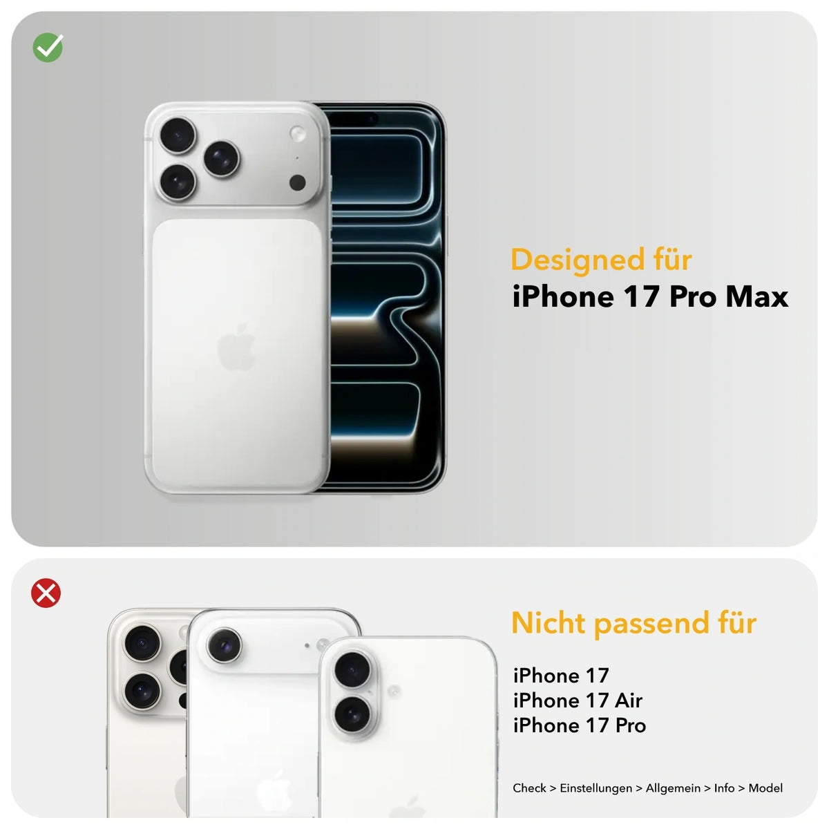 Compatibility infographic: This case is compatible with the iPhone 17 Pro Max (green checkmark). It is not compatible with the iPhone 17, iPhone 17 Air, or iPhone 17 Pro (red X). To check your model, go to: Check > Settings > General > About > Model.