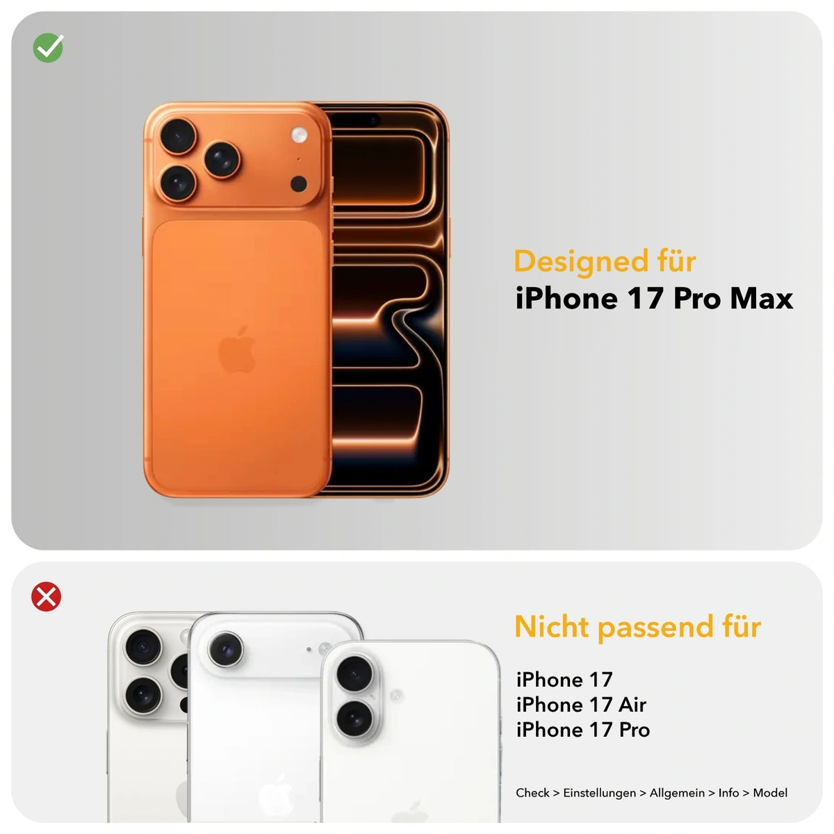 Compatibility infographic: This case fits the iPhone 17 Pro Max. It does not fit the iPhone 17, iPhone 17 Air, or iPhone 17 Pro. See below: "Check > Settings > General > About > Model"
