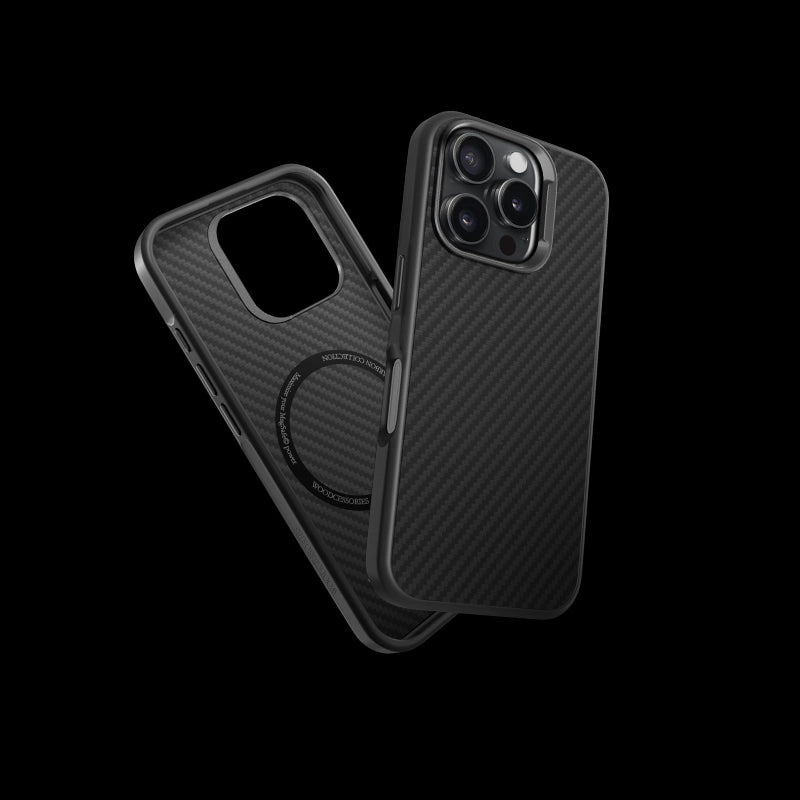 Two black carbon fiber cases for the iPhone 17 Pro Max float against a black background. On the left is the interior with the built-in MagSafe ring; on the right is the textured carbon fiber back with the smartphone inserted.