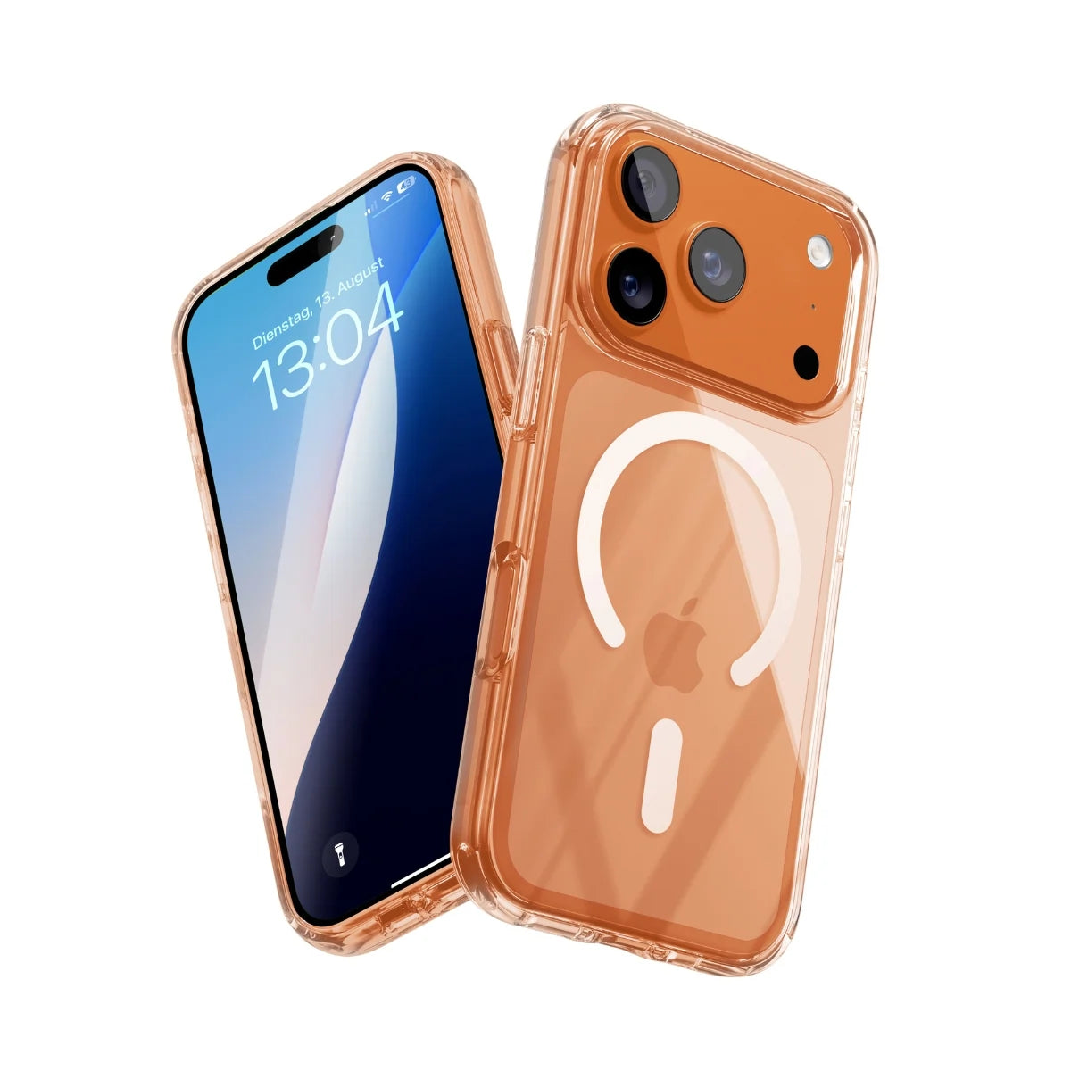 Zwei orangene iPhone 17 Pro Max vor weißem Hintergrund in Woodcessories Clear Cases mit MagSafe Ring.