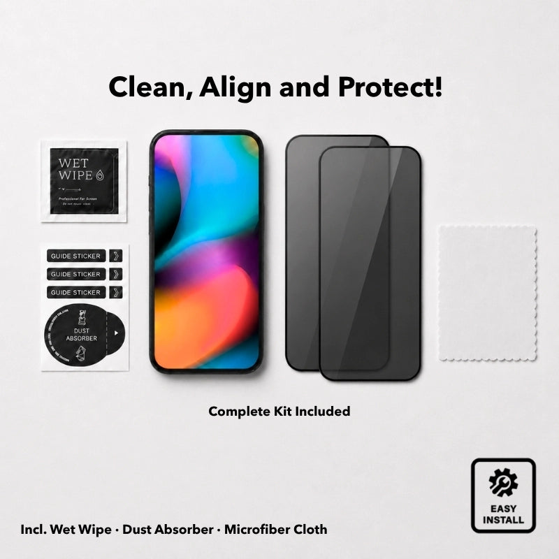 Komplettes Installations-Kit für die iPhone 17 Pro Privacy-Panzerfolie im Doppelpack. Auf hellem Untergrund liegen ein iPhone, zwei abgedunkelte Blickschutz-Folien sowie das Montage-Zubehör: Feuchttuch, Guide- und Staubentferner-Sticker und ein Mikrofasertuch.