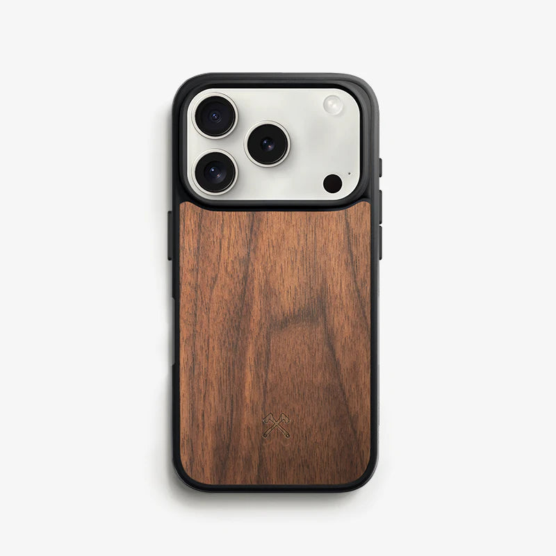Rear view of the walnut-look wooden case with its distinctive grain and embossed Woodcessories logo on an iPhone 18 Pro against a white background.