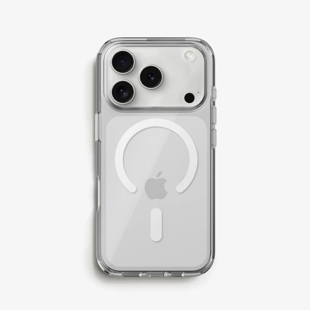 The transparent " Clear Case " with a white MagSafe ring on the back of a silver iPhone 18 Pro on a white background.