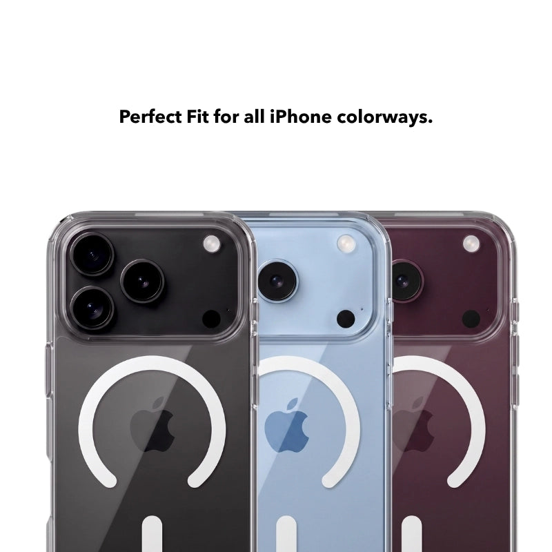 Drei iPhone 18 Pro in den Farben Schwarz, Hellblau und Dark Cherry mit dem transparenten Clear Case nebeneinander auf weißem Hintergrund. Oben der Text "Perfect Fit for all iPhone colorways."