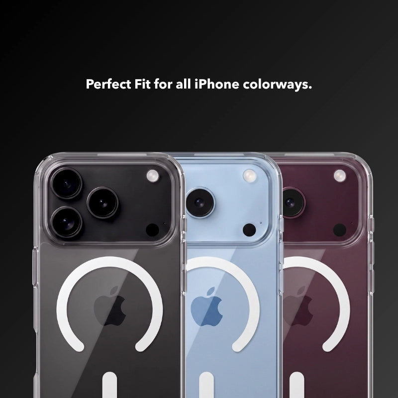 Drei iPhone 18 Pro Max in den Farben Schwarz, Hellblau und Dark Cherry mit dem transparenten Clear Case nebeneinander auf schwarzem Hintergrund. Oben der Text "Perfect Fit for all iPhone colorways."