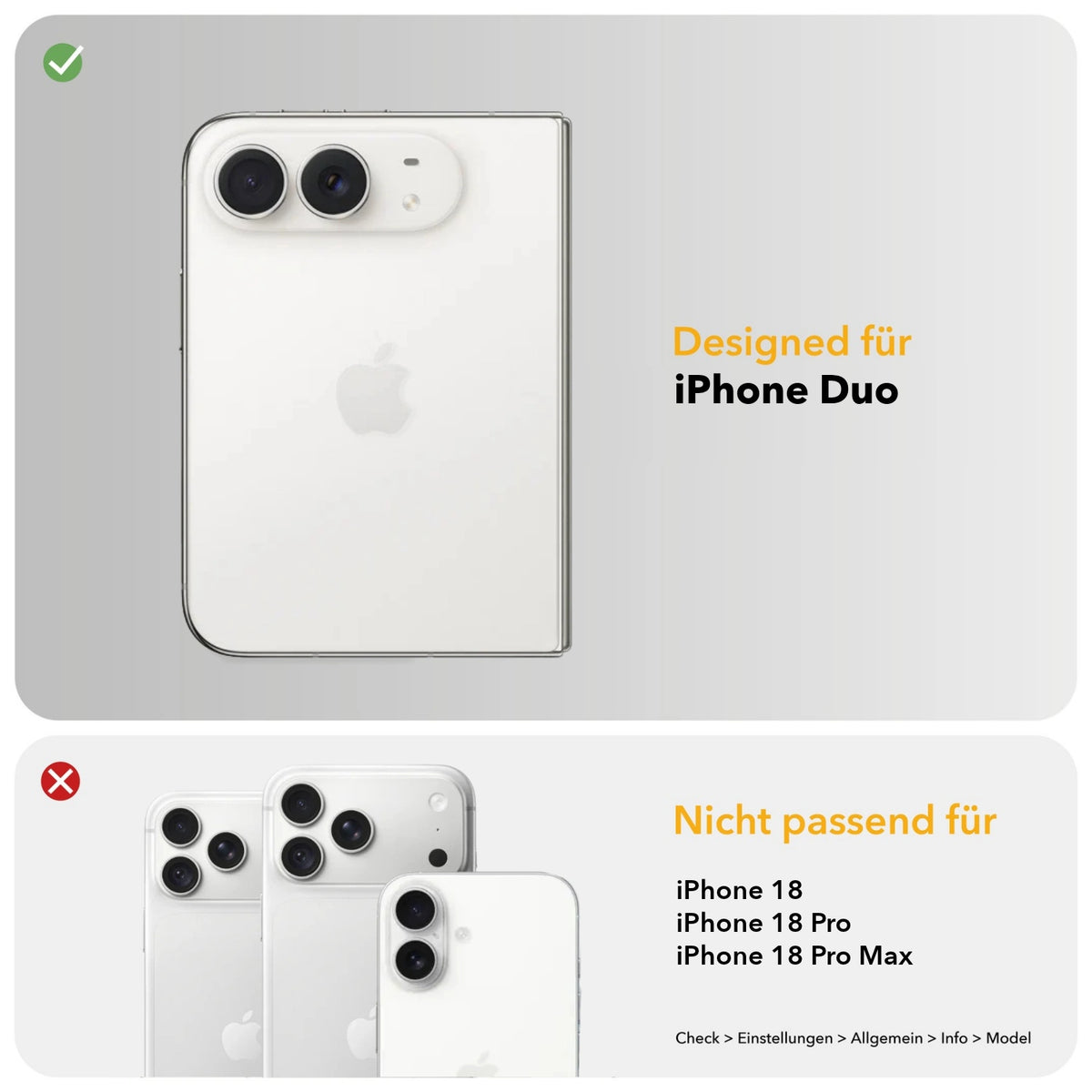 Tableau de compatibilité pour l'iPhone Duo Clear Case: le graphique indique que la coque pliable sur mesure pour l'iPhone Duo est compatible (coche verte) et signale, à l'aide d'une croix rouge, que cette coque n'est pas adaptée aux modèles standard iPhone 18, iPhone 18 Pro et iPhone 18 Pro Max.