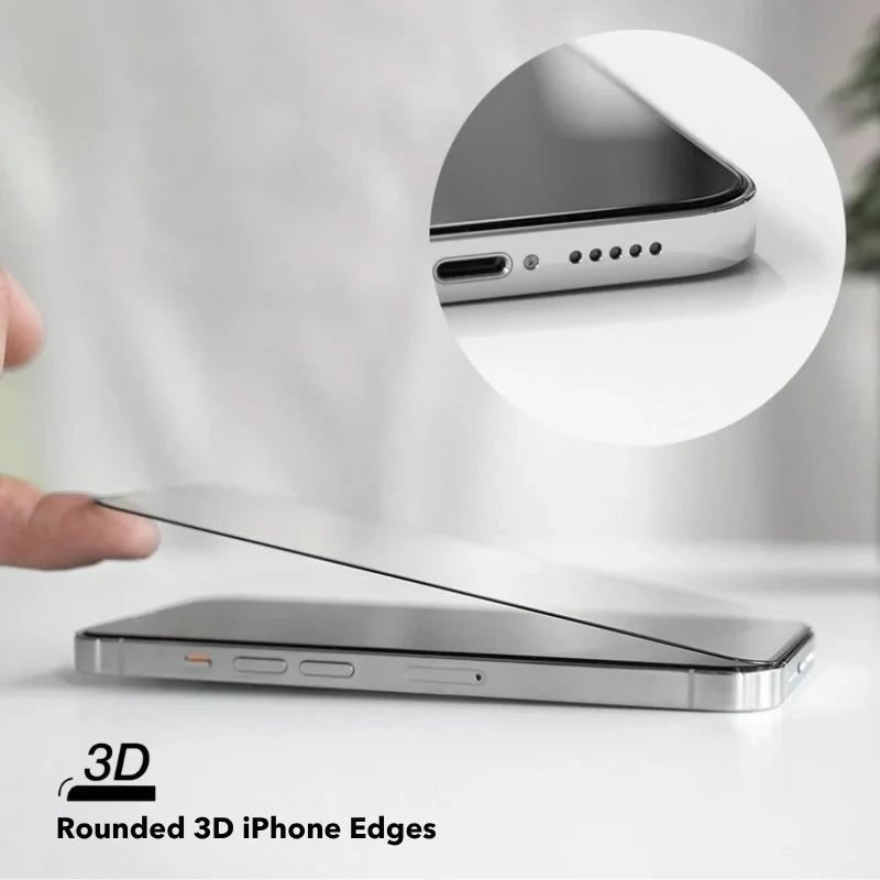 Vue de profil d'un iPhone posé à plat sur une surface claire, sur lequel est installé un film de protection en verre trempé. Un agrandissement circulaire en haut à droite met en évidence le bord arrondi en 3D du verre au niveau du coin du boîtier. En bas à gauche, une icône ainsi que la mention « 3D Rounded 3D iPhone Edges » soulignent la finition précise et arrondie des bords du film de protection.